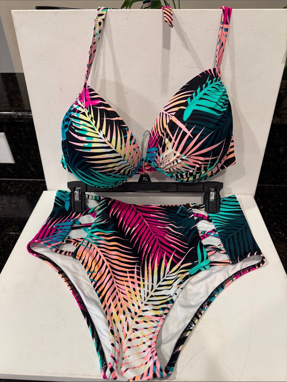 Shade & Shore Black Tropical Leaf High-Waist Bikini with Multicolor Palms